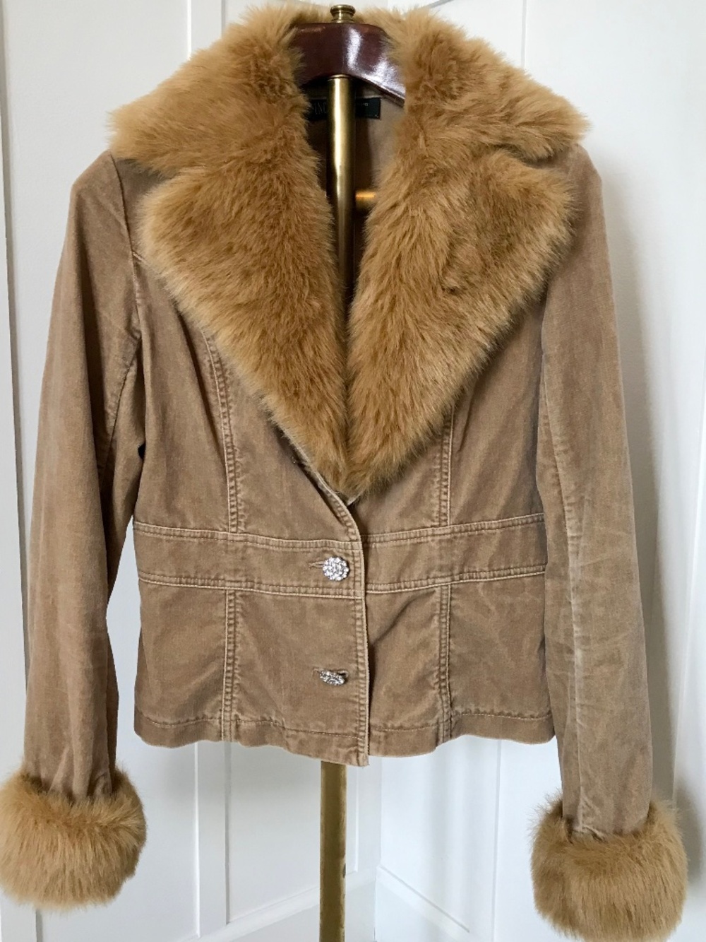 Y2K PENNY LANE MOB WIFE CAMEL WALE CORDUROY FAUX FUR JACKET BOHO CHIC